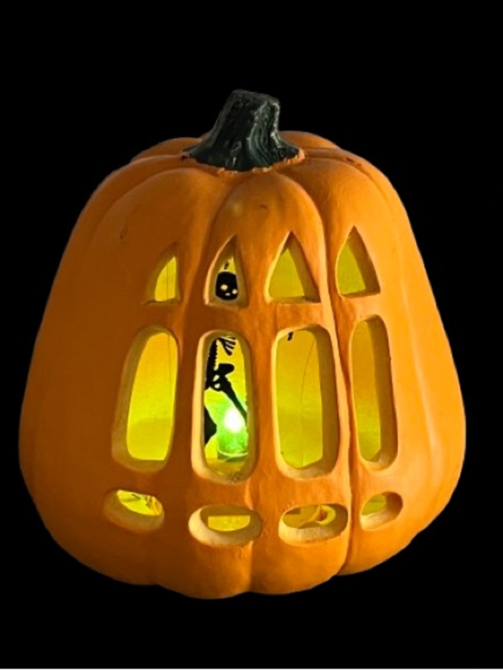 Light-Up Orange Pumpkin Jack-O'-Lantern with Skeleton Scene